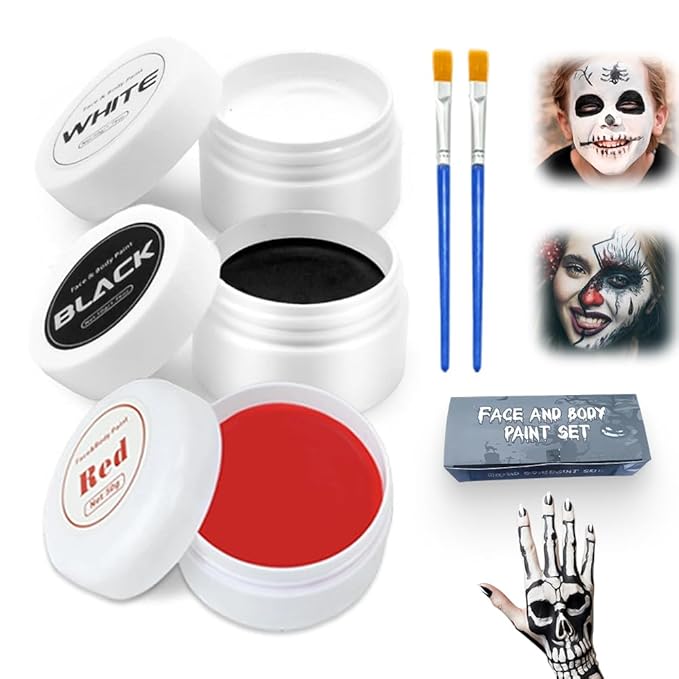 Goth White Foundation Black Red Face Body Paint, 2025 Halloween Decorations Makeup for Body Face, 50ML Halloween Decor Painting Makeup Kit with Brushes for Skeleton Ghost (White + Black+Red)