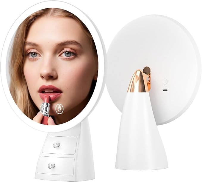 Makeup Mirror with Lights, Make Up Desk Mirror with Organizer, Rechargeable Touch Control 3 Color Lights and Adjustable Brightness, Lighted Vanity Mirror for Desk, Dresser Tabletop, Gifts for Women