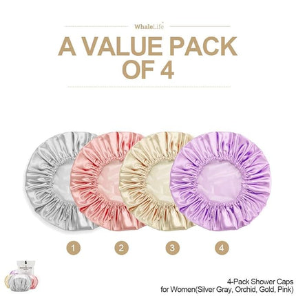 Shower Cap for Women Reusable Extra Large Shower Caps for Men Satin Double Layer EVA Waterproof Long Hair Caps(Silver Gray, Orchid, Gold, Pink 4 Pack)