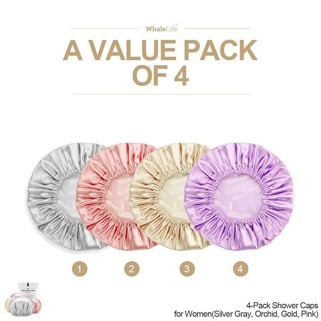 Shower Cap for Women Reusable Extra Large Shower Caps for Men Satin Double Layer EVA Waterproof Long Hair Caps(Silver Gray, Orchid, Gold, Pink 4 Pack)
