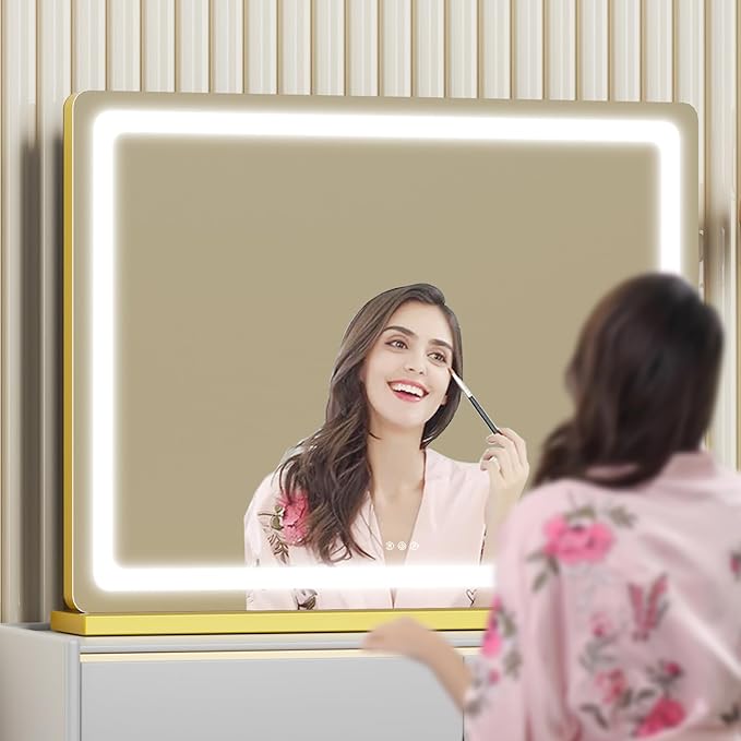 Makeup Vanity Mirror with Lights 20" L x 26" W Large LED Makeup Mirror, Light up Mirror with 10X Magnification and USB Charging Port, Dimmable 3 Modes, Touch Screen Control Gold