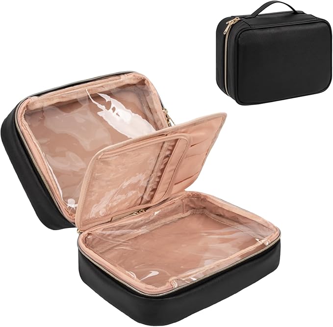 OCHEAL Makeup Bag, Makeup Travel Bag Large Capacity Waterproof Cosmetic Organizer Bag, with Makeup Brush Compartment & Handle for Women Girls Travel Toiletry Accessories-Black