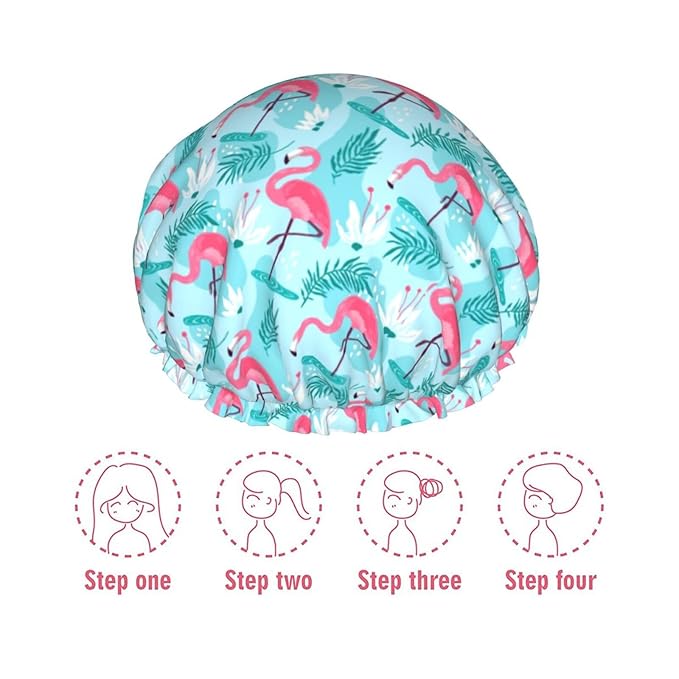 Pink Flamingos Shower Cap For Women Reusable Waterproof Double Layers Bath Cap Hair Protection Elastic Ladies Spa Salon Shower Hat