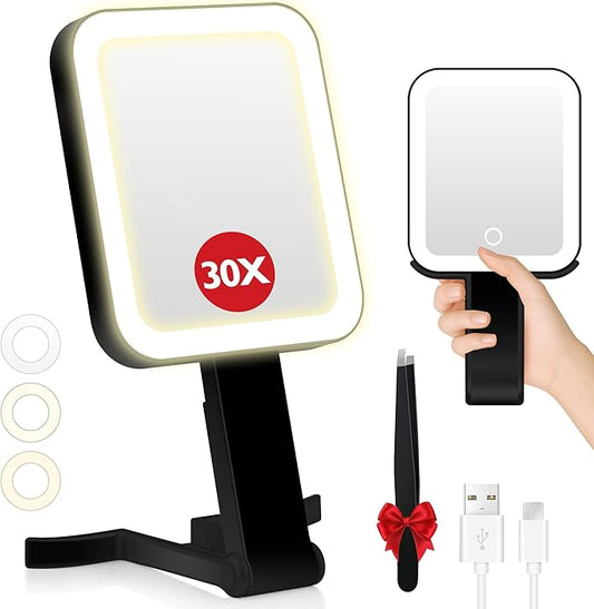 B Beauty Planet Small Travel Makeup Mirror with Lights(10" L x 5" W), Double-Sided 1X/30X Magnifying Mirror, 3 Color Lighting & Brightness Adjustable, Portable &Foldable Mirrors with Light (Black)