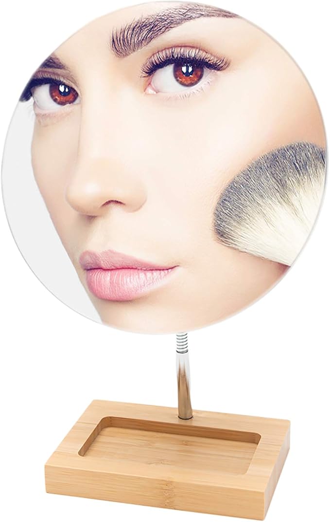 YEAKE Flexible Gooseneck Bamboo Vanity Makeup Mirror,360°Rotation 8" Large Frameless Vanity Mirror Folding Portable Table Desk Mirror with Stand Bathroom Shaving Make Up Mirrors Round
