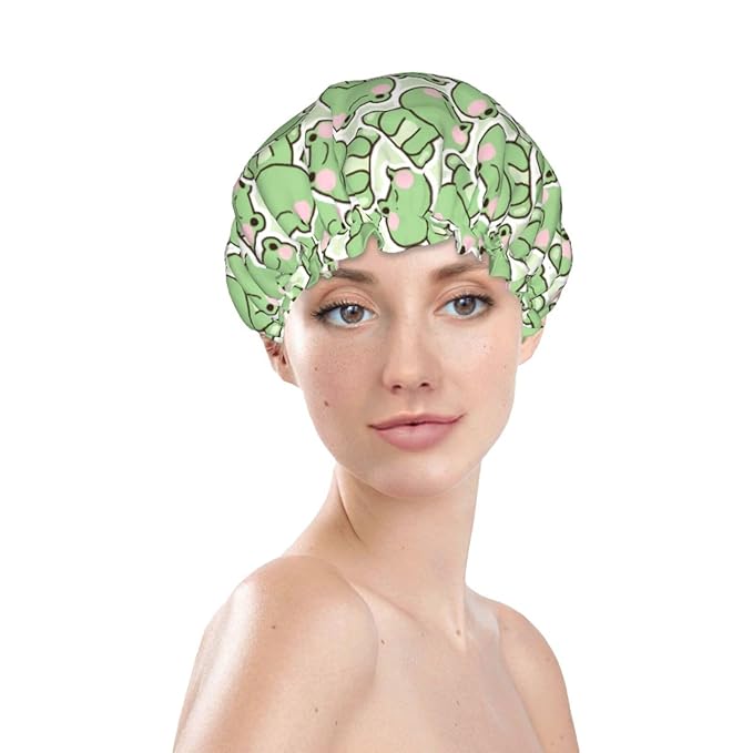Cute Frogs Shower Cap For Women Reusable Waterproof Double Layers Bath Cap Hair Protection Elastic Ladies Spa Salon Shower Hat