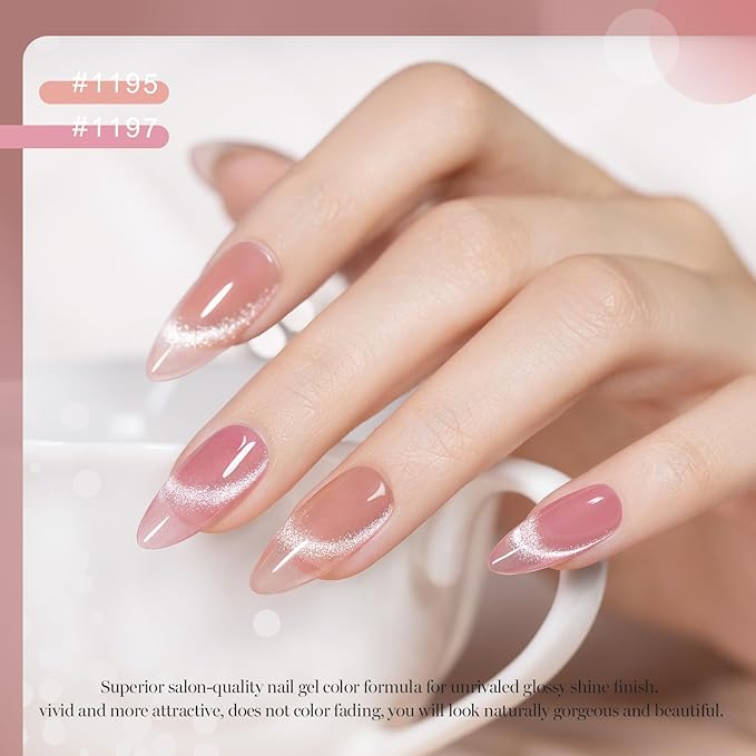 RARJSM Nude Cat Eye Gel Polish Set 6 Pcs Sparkle Diamond Glitter Sheer Purple Soft Pink Chanpagne Gold Velvet Ice Jelly Glass Cateye Gelpolish with Magnet Stick UV LED Curing Requires Home Manicure