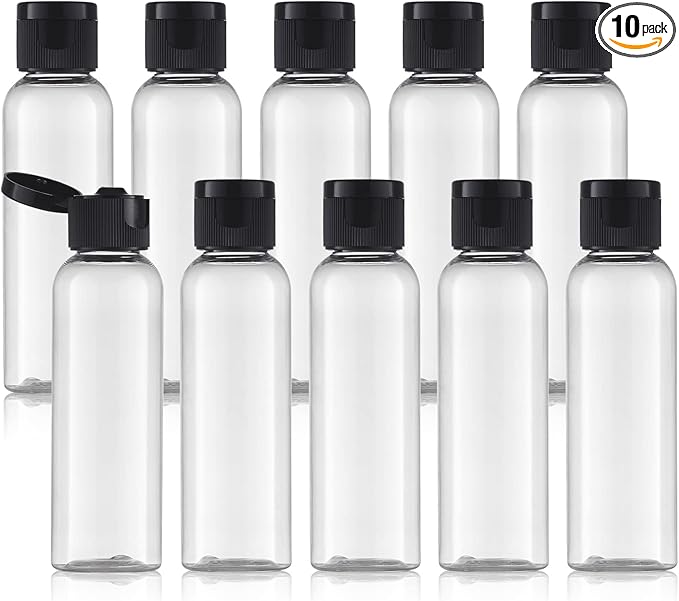 Tekson Travel Bottles Empty 2oz (10 PCS), Plastic Travel Size Cosmetic Container, TSA Amber Squeeze Bottle for Shampoo, Conditioner (Flip Cap)