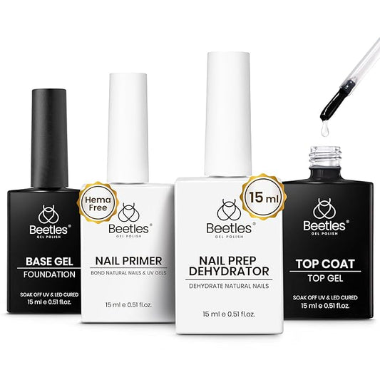 Beetles 4 Pcs 15ml Gel Top Coat and Base Coat Set with Nail Dehydrator and Primer Professional Nail Prep Acid-Free & Hema-Free Dehydrate Bond Primer Set for Acrylic & Gel Nail Polish Fall Nail Gifts