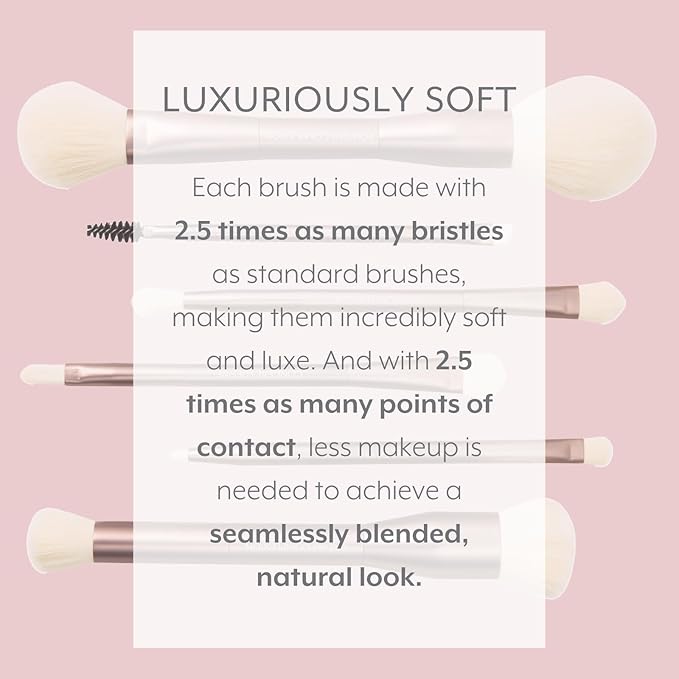 Luxury Dual Ended Makeup Brush Set, 6 Makeup Brushes, Professional & Travel Makeup Brush Set with White Leather Case, 2.5x More Vegan, Soft Bristles for Full Face Flawless Application.