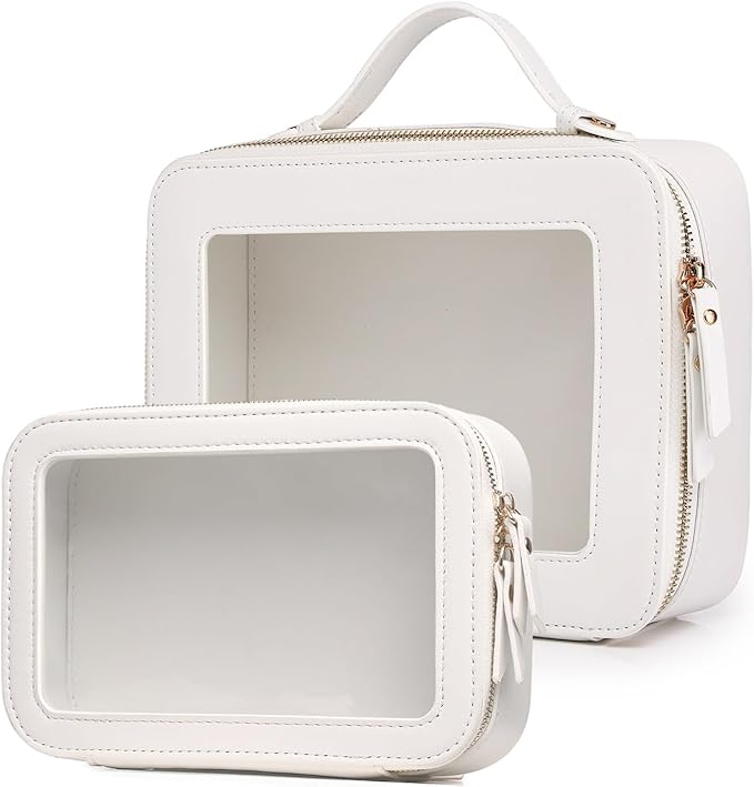 Pinkmik Clear Makeup Bag for Women Waterproof Travel Cosmetics and Toiletries Case Portable Makeup Oaganizer Bag Clear Car Bag with Zipper(White, M+L-1)