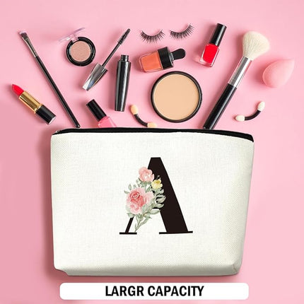 Personalized Makeup Bag, Initial Letter A Makeup Bag for Women Rose Monogram Cosmetic Bags Toiletry Pouch, Monogrammed Gifts for Women Mom Grandma Sister Friends Thanksgiving Christmas Birthday Gift