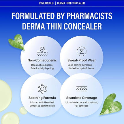 [23YEARSOLD Derma] Thin Concealer #1.5B (Nude Beige) – Sensitive-Skin Friendly, Lightweight & Long-Lasting with Redness-Soothing SWEETONE Formula for a Natural Finish, Easy-to-Carry 0.17 fl oz