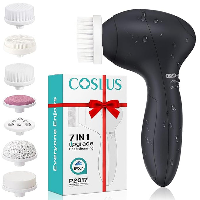 COSLUS Facial Cleansing Brush Silicone Face Scrubber: 7 in 1 FBS-D Electric Exfoliating Rotating Massage Device Waterproof Deep Cleaning Exfoliation Spa Machine - Electronic Skin Care Wash System