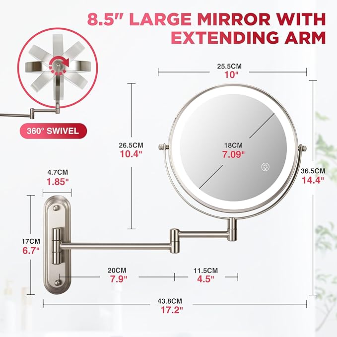 Wall Mounted Makeup Mirror, 1x/20x Magnifying Mirror with 8.5" Double Sided, Vanity Makeup Mirror for Bathroom, Brushed Nickel