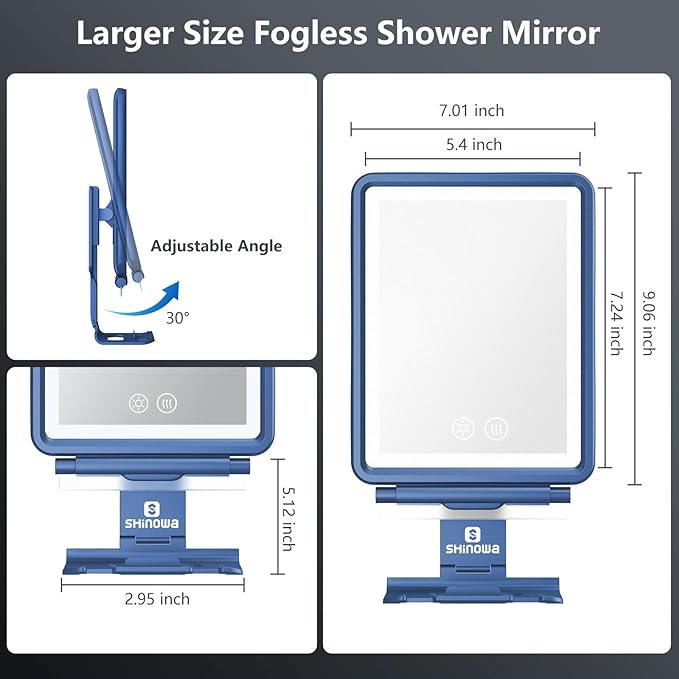 Heated Shower Mirror Fogless for Shaving, 3 Colors Stepless Dimmable Lights Fogless Mirror for Shower, Rechargeable Anti Fog Shaving Mirror with Razor Holder for Men, Light Memory Function, Blue