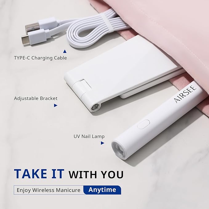 AIRSEE Mini Handheld UV Light for Gel Nails with Stand,Portable Rechargeable Nail Lamps,2 Timers for Fast Nail Extension,Rhinestone Glue Decoration,Gel Nail Strips at Home,Travel(White)