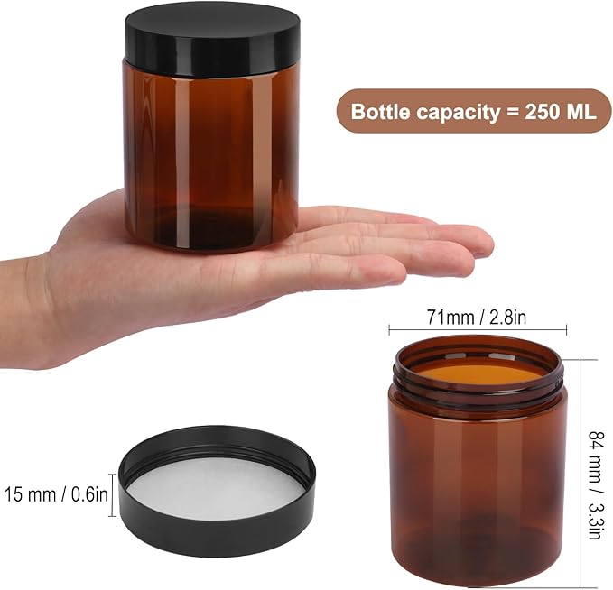 30 Packs 8 oz (250 ml) Brown Plastic Jars with Black Lids, Cosmetic Containers jars with Wide-Mouth for slime, beads, rhinestones, sequins Cosmetics, Lotion, Cream, Ointments and More by KUKLIPJIM.