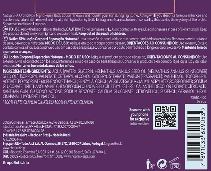 Nativa SPA by O Boticário, Orchid Noir Moisturizing Body Lotion, Fragranced Skin Hydration with Purified Quinoa Oil Drops, 13.5 Ounce (400ml)