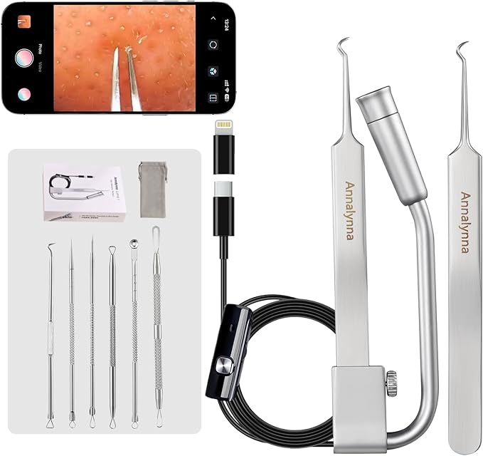 Visual Blackhead Remover Tweezers with Camera - 20x Magnification Pimple Popper Tweezers, with 2* Curved Comedone Extractor, Professional Pimple Acne Blemish Removal Tools Kit (6 Pcs Kit)