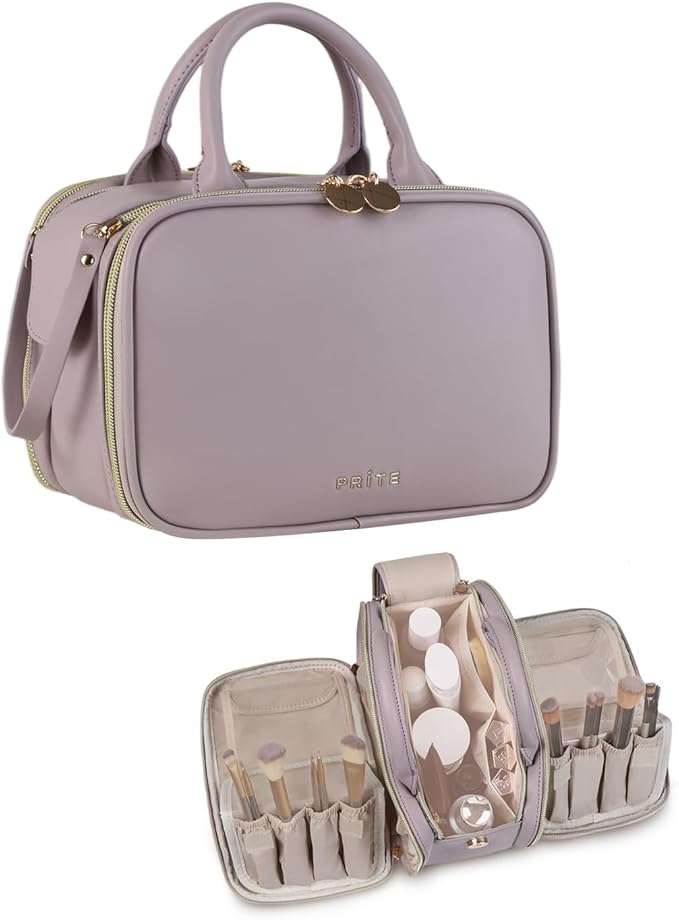 Prite Makeup Bag for Women, Large Capacity Waterproof Travel Cosmetic Organizer, Portable Open Flat Toiletry Bag with Free-standing Brush Holder and Handle(Purple Meidum)