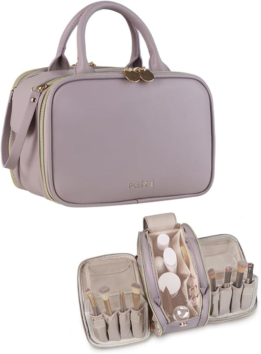 Prite Makeup Bag for Women, Large Capacity Waterproof Travel Cosmetic Organizer, Portable Open Flat Toiletry Bag with Free-standing Brush Holder and Handle(Purple Meidum)