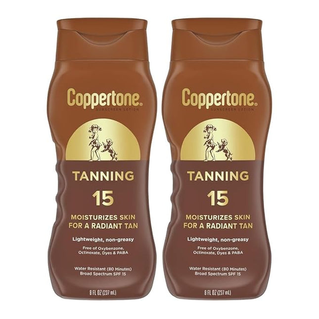 Coppertone Tanning Sunscreen Lotion, SPF 15, Broad Spectrum, Water Resistant | Vitamin E Enriched | Free of Harmful Chemicals | 16 Fl Oz | Pack of 2