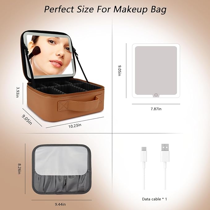 Travel Makeup Bag with LED Mirror Travel Makeup Organizer with 3 Lighted Settings, Adjustable Dividers and Makeup Brush Storage Bag Caramel