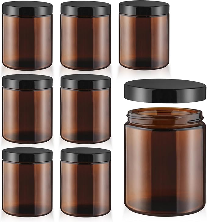 8 Pcs Amber Glass Cream Jar Refillable Empty Cosmetic Storage Bottle Sample Container Pot with Black Lids for Make Up Lotion Face Cream - 270ml/9oz