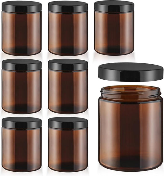 8 Pcs Amber Glass Cream Jar Refillable Empty Cosmetic Storage Bottle Sample Container Pot with Black Lids for Make Up Lotion Face Cream - 270ml/9oz
