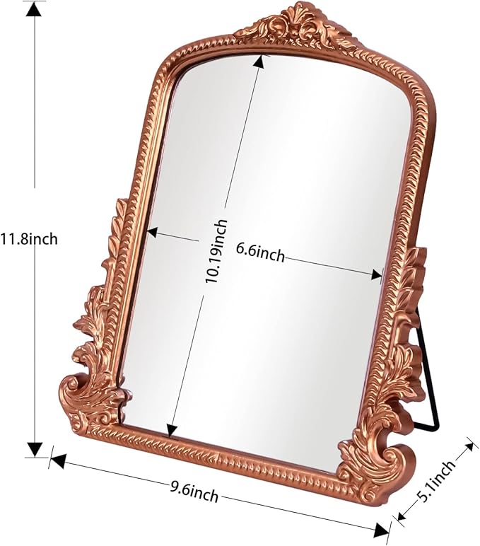 Rose Gold Makeup Mirror, Small Standing Vanity Desk Mirror Decorative Ornate Arched Desk Mirror with Carved Wood Frame, for Bedrooms,Living Rooms Table Top and Salon 11.8" x 9.6"