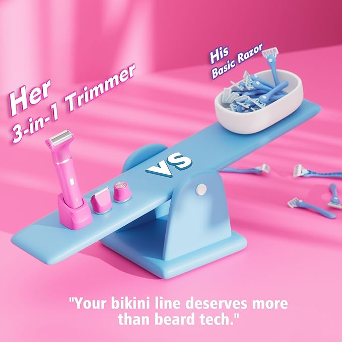 Electric Razors for Women - IPX7 Waterproof Pubic Hair Remover for Shower & Travel, 3-in-1 Bikini Trimmer with Body/Round/Curved Heads, Hypoallergenic Foil & Ceramic Blades, Self-Care Gifts for Her