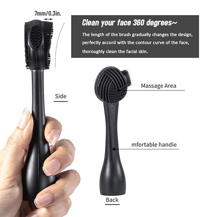 Silicone Facial Cleansing Brush 3 Pack, Beomeen 4 in 1 Handheld Face Scrubber for Deep Gentle Exfoliating, Double-Ended Face Wash Scrub Brush for Face Skincare and Massage (Black)
