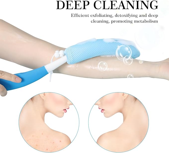 Long-Handle Back Bath Brush, with Anti-Slip Long-Handle Back Scrub net, is Used for Auxiliary Bath and Shower for The Elderly and People with Limited Activities (Blue-White)