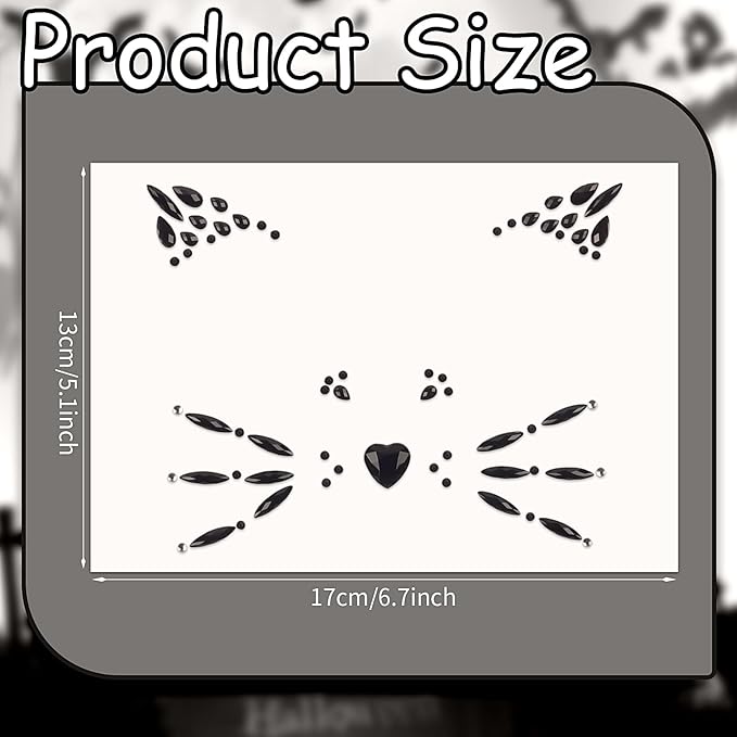 Crystal Cat Face Jewels with Pink Cat Print Gems - Face Jewels for Women & Kids - Cat Whiskers Costume Accessory