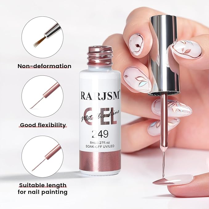 RARJSM Metallic Chrome Gel Liner Nail Art 3D Mirror Silver and Rose Gold Effect Gel Nail Polish 8ml Painting Build in Thin Brush Metal Painted Drawing Striper Gel Polish Curing Requires for Home Salon