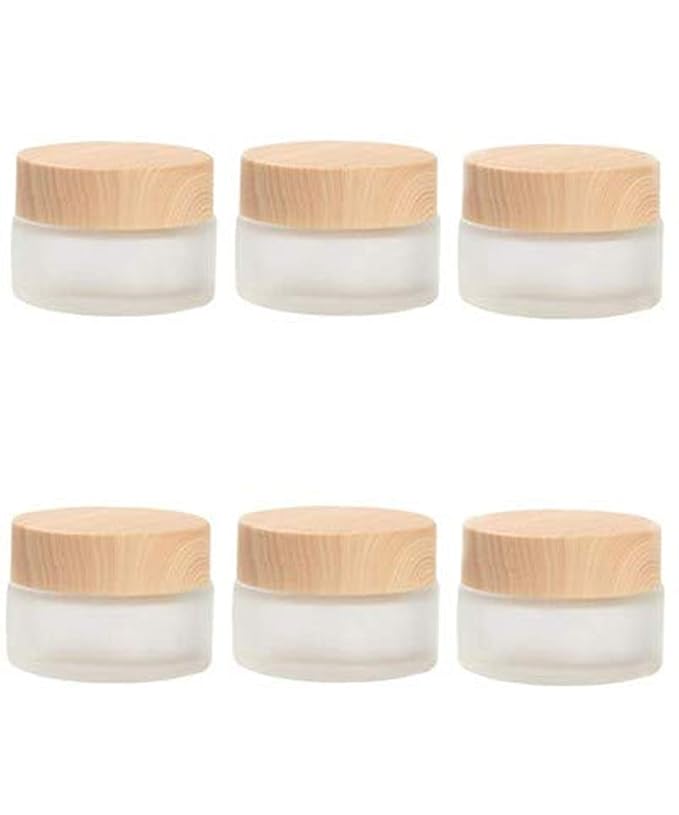 12 Packs 1 Oz Empty Jars 30ml Round Frosted Glass Cream Jar Bottles Holder with Wood Grain Lids Refillable Case Vial Pot Cosmetic Container Glass Bottles for Lotion Face Lip Balm Eye Cream