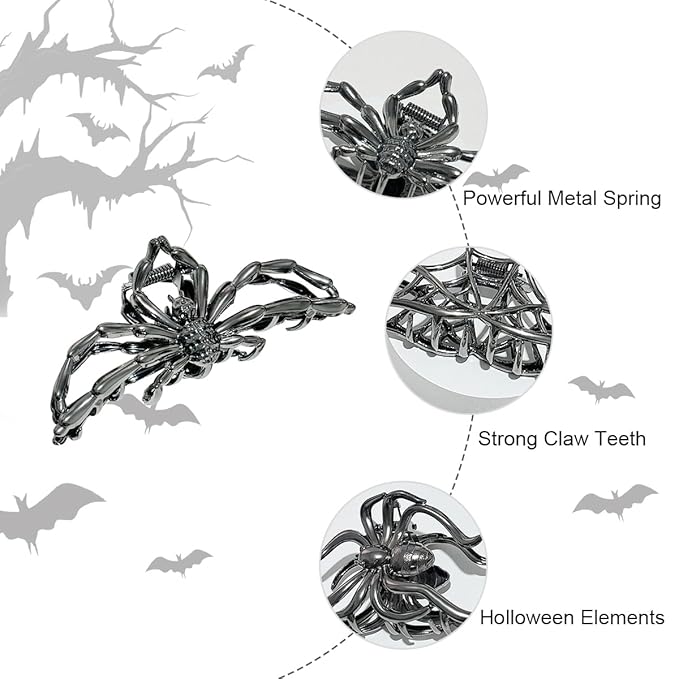 3 Pieces Large Metal Spider Net Hand Hair Claw Clips for Women and Girls Thick Long Hair, Nonslip Skeleton Spooky Barrette Headband Hair Styling Accessories for Halloween Christmas Gifts