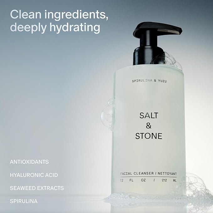 Salt & Stone Facial Cleanser for Women & Men, Spirulina & Yuzu Gentle Facial Wash with Hyaluronic Acid, Squalane, For All Skin Types, Vegan, Cruelty Free, 7.2 oz