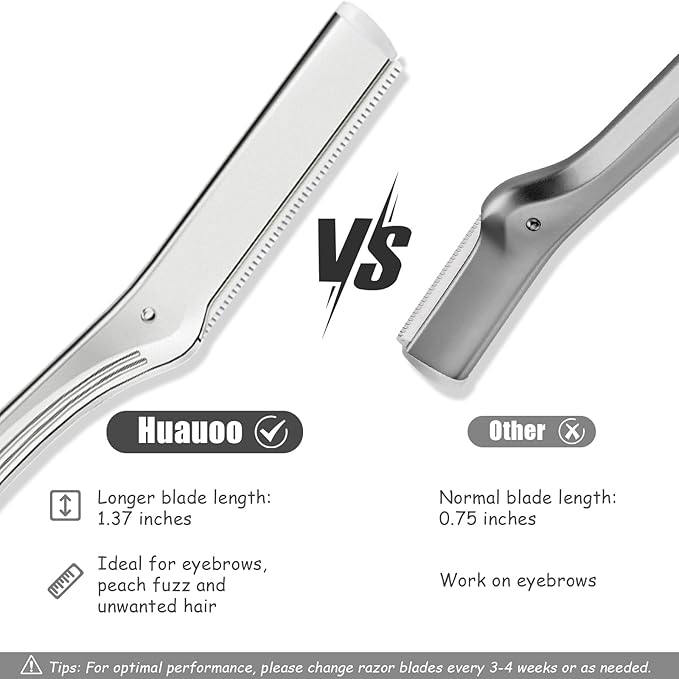 Dermaplane Razor for Women Face, Stainless Steel Handle with 6 Replaceable Blades, Huauoo Face Razors for Women, Peach Fuzz Remover, Eyebrow Trimmer, Dermaplaning Tool for Face Exfoliation (Silver)