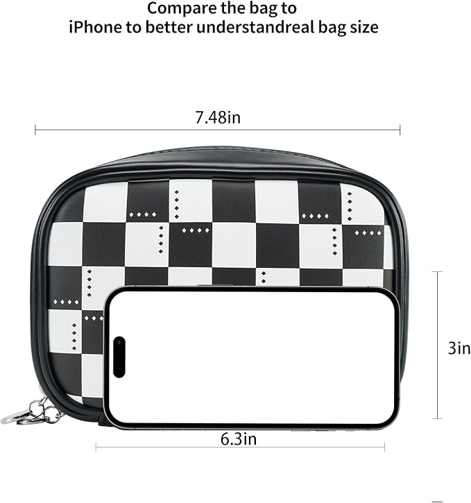 RIGHT AWAY Checkered Makeup Bag for Purse,Small Cosmetic Bag Organizer for Women, Travel Make Up Pouch Waterproof Toiletry Bag Cute Makeup Case for Travel Accessories(Black Checkerboard)