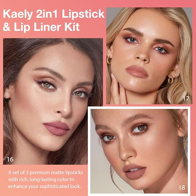 Kaely 3Pcs Gradient Matte Lipstick Lip Liner Pencil Set for Women, 2in1 Flawless Contour Gradual Ombre Effect Lip Pencil Makeup Waterproof, labiales mate 24 horas originales, 16+17+18