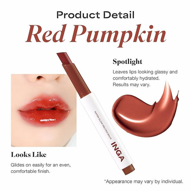 INGA Water Glow Melting Balm - Hydrating Tinted Lip Balm with Soft, Melt-On Texture, Natural Sheer, Glass-Like Finish with Non-Sticky, Lightweight Comfort (RED PUMPKIN JUICE)