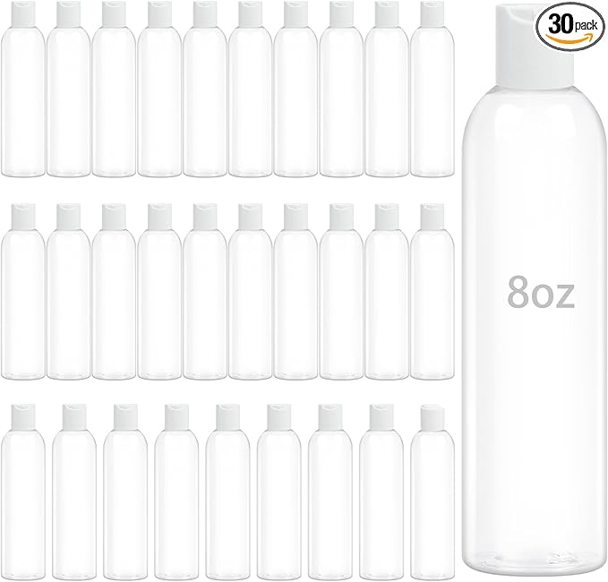 30 Pack 8 oz Clear Plastic Bottles with White Disc Caps Refillable Empty Squeeze Containers Cosmetic Bottles for Toiletries Conditioner Shampoo Lotions Gels