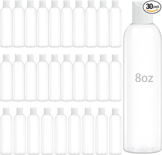 30 Pack 8 oz Clear Plastic Bottles with White Disc Caps Refillable Empty Squeeze Containers Cosmetic Bottles for Toiletries Conditioner Shampoo Lotions Gels