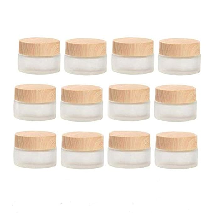 12 Packs 1 Oz Empty Jars 30ml Round Frosted Glass Cream Jar Bottles Holder with Wood Grain Lids Refillable Case Vial Pot Cosmetic Container Glass Bottles for Lotion Face Lip Balm Eye Cream