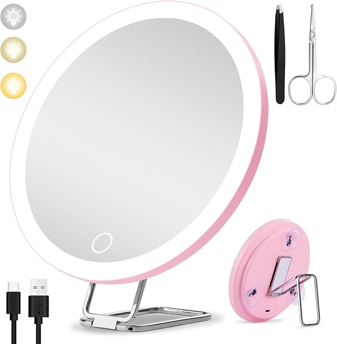 10x Magnifying Mirror with Light Large 6'' Lighted 10x Magnified Mirror with Suction Cups & Table Stand, 3 Color Modes Dimming High Magnification Travel Makeup Mirror with Tweezers & Scissors