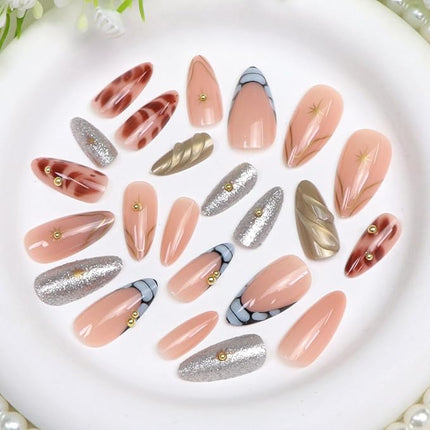 French Tips Press on Nails Almond Medium Fake Nails with Stripe 3D Gold Pearl Glitter Designs Brown Blue Acrylic Nail Glossy Nude Fall Winter Nails Press ons Cute Stick on Nail for Women 24 Pcs