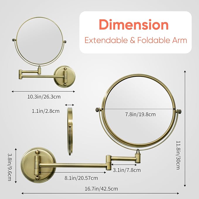 GURUN 8" Wall Mounted Makeup Mirror with 10X Magnification,Two-Sided Swivel Bathroom Mirror,Antique Satin Brass Finish M1306K(8in,10x)