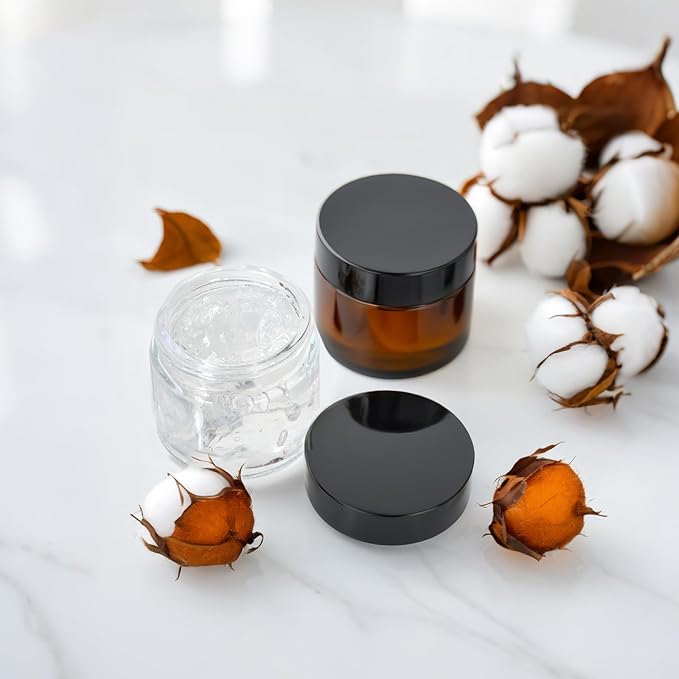 35 Pack 2 oz Amber Round Glass Jars with Black Lids - Portable Empty Glass Containers with Inner Liners for Cosmetic, Body Butters, Body Butter, Candle Jars